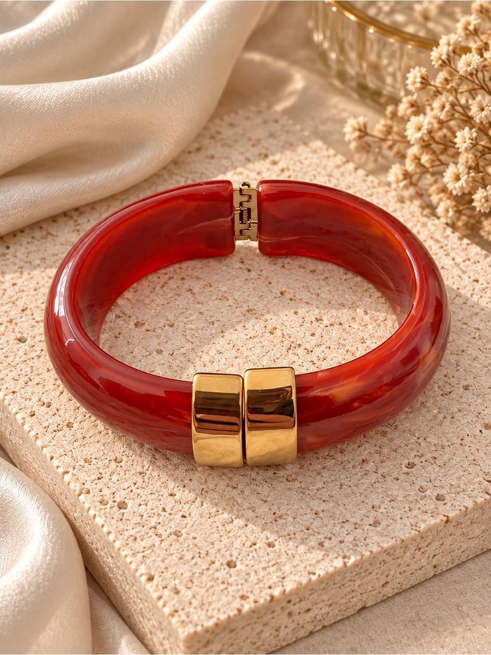 Chunky Orange Bangle Bracelet with Gold Accent